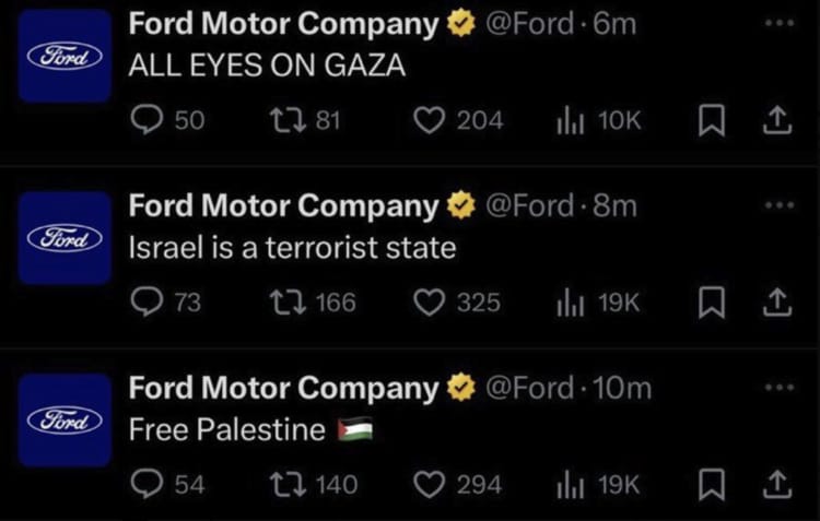 Ford’un Resmi X Hesabından Filistin’i Destekleyen Paylaşımlar Yapıldı