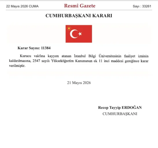 resmi gazete Resmi Gazete'de yayımlandı: Bilgi Üniversitesi kapatıldı!